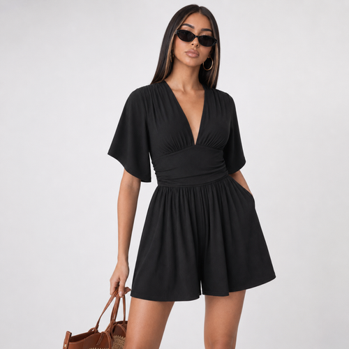 Textured V-Neck Bell Sleeve Romper