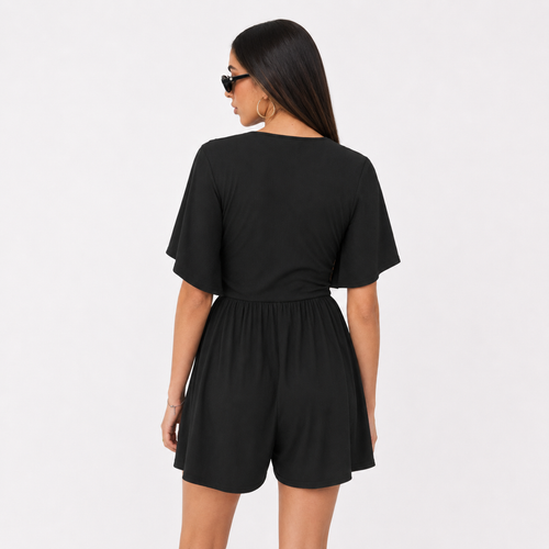 Textured V-Neck Bell Sleeve Romper